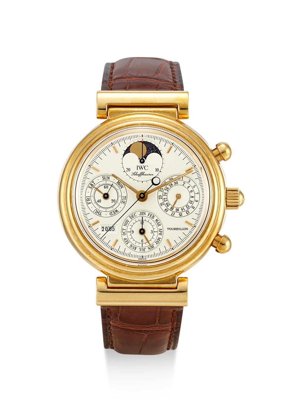 View full screen - View 1 of Lot 8191. IWC | DA VINCI TOURBILLON, REFERENCE IW375203, A LIMITED EDITION YELLOW GOLD PERPETUAL CALENDAR CHRONOGRAPH TOURBILLON WRISTWATCH WITH MOON PHASES AND LEAP YEAR INDICATION, MADE TO COMMEMORATE THE MILLENNIUM, CIRCA 2000.