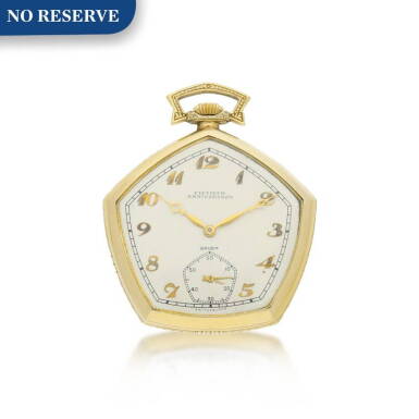 View full screen - View 1 of Lot 31. GRUEN | FIFTIETH ANNIVERSARY: A YELLOW GOLD PENTAGON SHAPED OPEN FACED WATCH, CIRCA 1940.