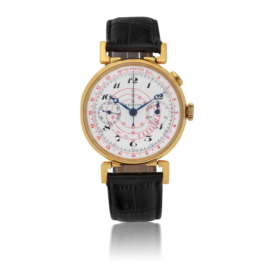 View full screen - View 1 of Lot 25. ZENITH | YELLOW GOLD MONO-PUSHER CHRONOGRAPH WRISTWATCH WITH WHITE ENAMEL DIAL CIRCA 1930.