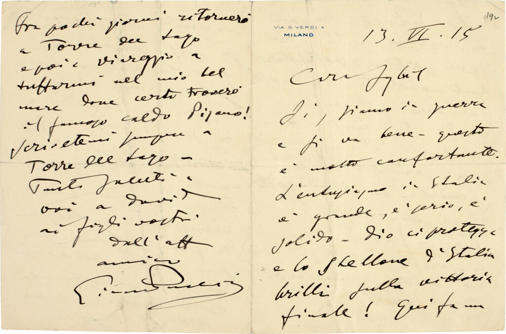 View full screen - View 1 of Lot 59. G. Puccini. Autograph letter signed ("Giacomo Puccini"), about Italy's participation in the First World War, 1915.