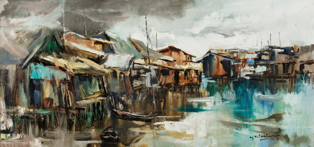 View full screen - View 1 of Lot 28. Nguyen Tri Minh (1924-2010), Houses on the riverbank of Saigon | Nguyen Tri Minh (1924-2010) 西貢河畔房舍.