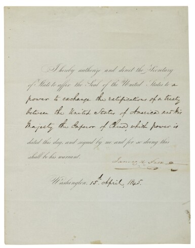 View full screen - View 1 of Lot 79. POLK, JAMES K. | Partially engraved document signed ("James K. Polk") as 11th President, being an order to Secretary of State James Buchanan to affix the Seal of the United States.