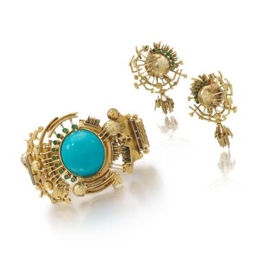 View full screen - View 1 of Lot 104. Turquoise and emerald bangle and a pair of ear clips | Bracciale in turchese e smeraldi ed un paio di orecchini.