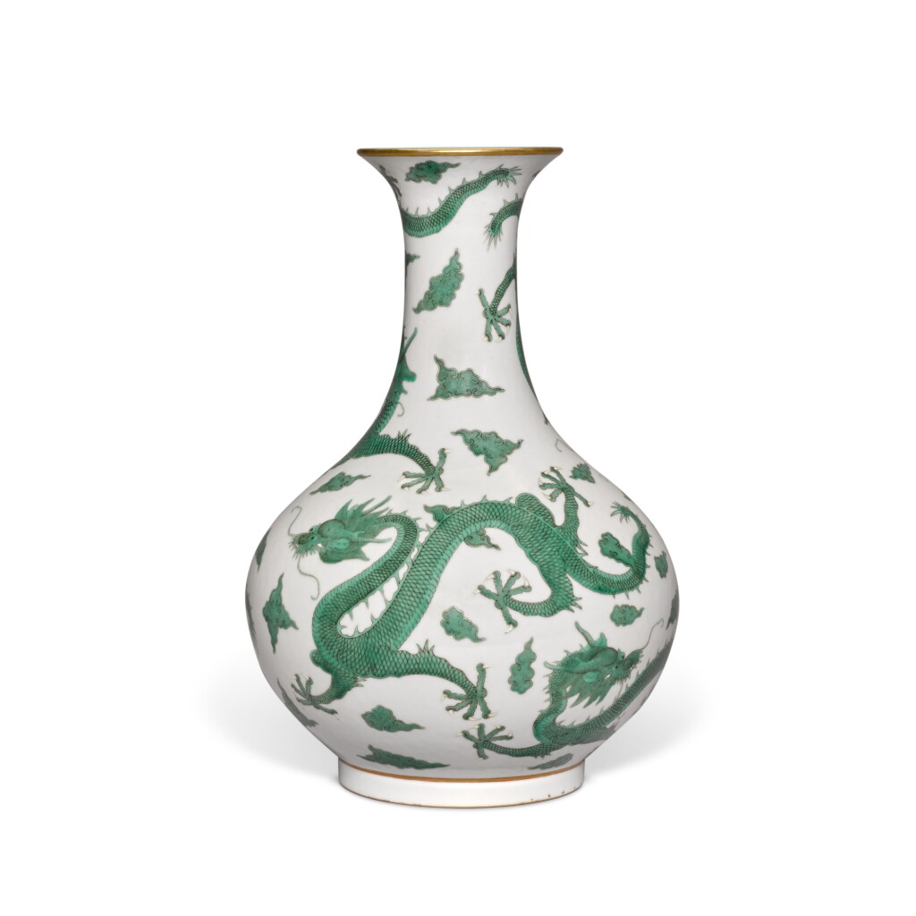 View full screen - View 1 of Lot 267. A rare green-enameled 'dragon' bottle vase, Seal mark and period of Daoguang.
