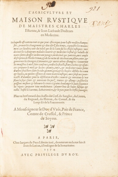 View full screen - View 1 of Lot 19. L'Agriculture ou la maison rustique. Paris, 1574. In-4. Vélin de l'époque..