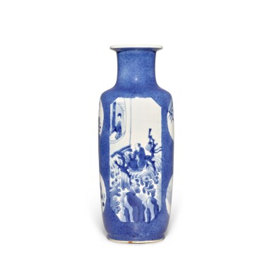 View full screen - View 1 of Lot 555. A powder-blue-ground blue and white 'riverscape' rouleau vase, Qing dynasty, Kangxi period | 清康熙 灑藍地青花開光張騫乘槎圖棒槌瓶.