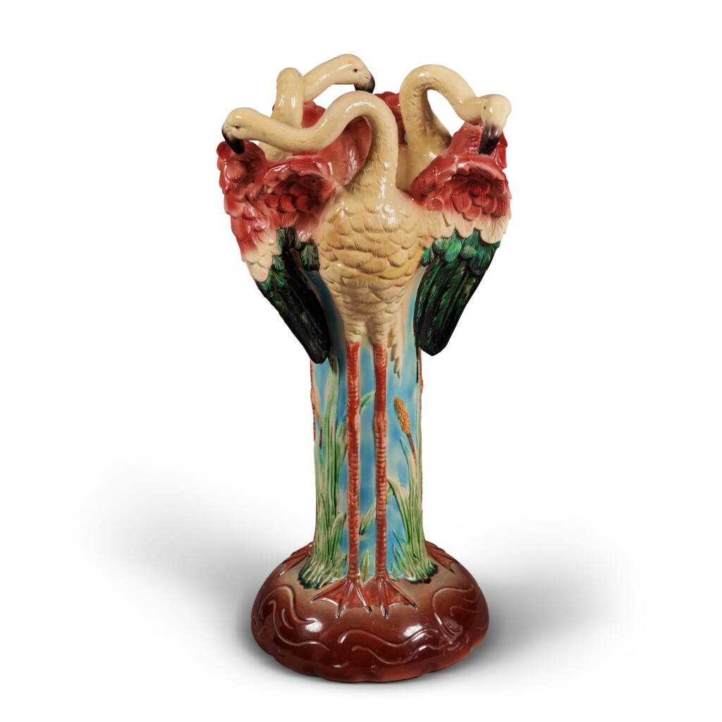 View full screen - View 1 of Lot 258. A Delphin Massier Large Flamingo-Form Jardiniere, 'colonne aux trois flamands roses', Early 20th Century.