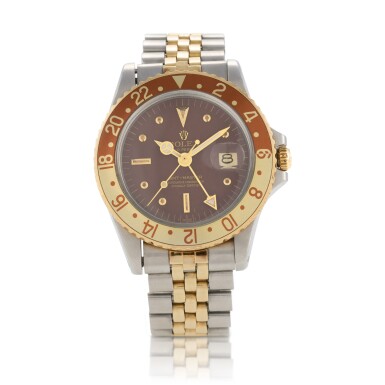 View full screen - View 1 of Lot 430. 'Root Beer' GMT-Master, Ref. 1675 Stainless steel and yellow gold dual time zone wristwatch with date and bracelet Circa 1970.