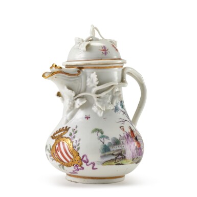 View full screen - View 1 of Lot 360. A very rare Cozzi porcelain armorial hot milk jug and cover made for the Grimani family, circa 1765-1770.