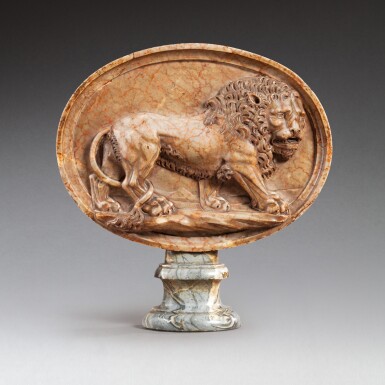 View full screen - View 1 of Lot 74. Italian, probably 18th century, after the Antique, Relief of a Pacing Lion | Italie, probablement XVIIIe siècle, d'après l'Antique, Relief de Lion Marchant.
