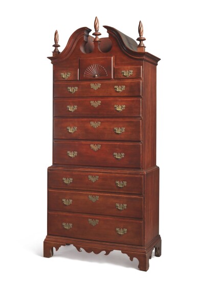 View full screen - View 1 of Lot 1712. FINE AND RARE CHIPPENDALE CARVED CHERRYWOOD BONNET-TOP CHEST-ON-CHEST, CONNECTICUT, CIRCA 1770.
