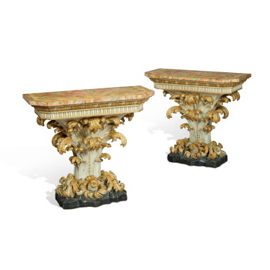 View full screen - View 1 of Lot 1159. WINDSOR: A Pair of Italian Neoclassical Style Painted and Parcel-Gilt Console Tables, Probably by Maison Jansen .