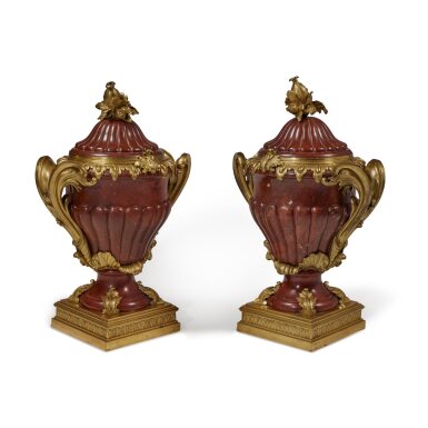 View full screen - View 1 of Lot 173. A Pair of Louis XV Style Gilt-Bronze Mounted Rouge Marble Covered Urns, by Sormani, Paris, Third Quarter 19th Century.