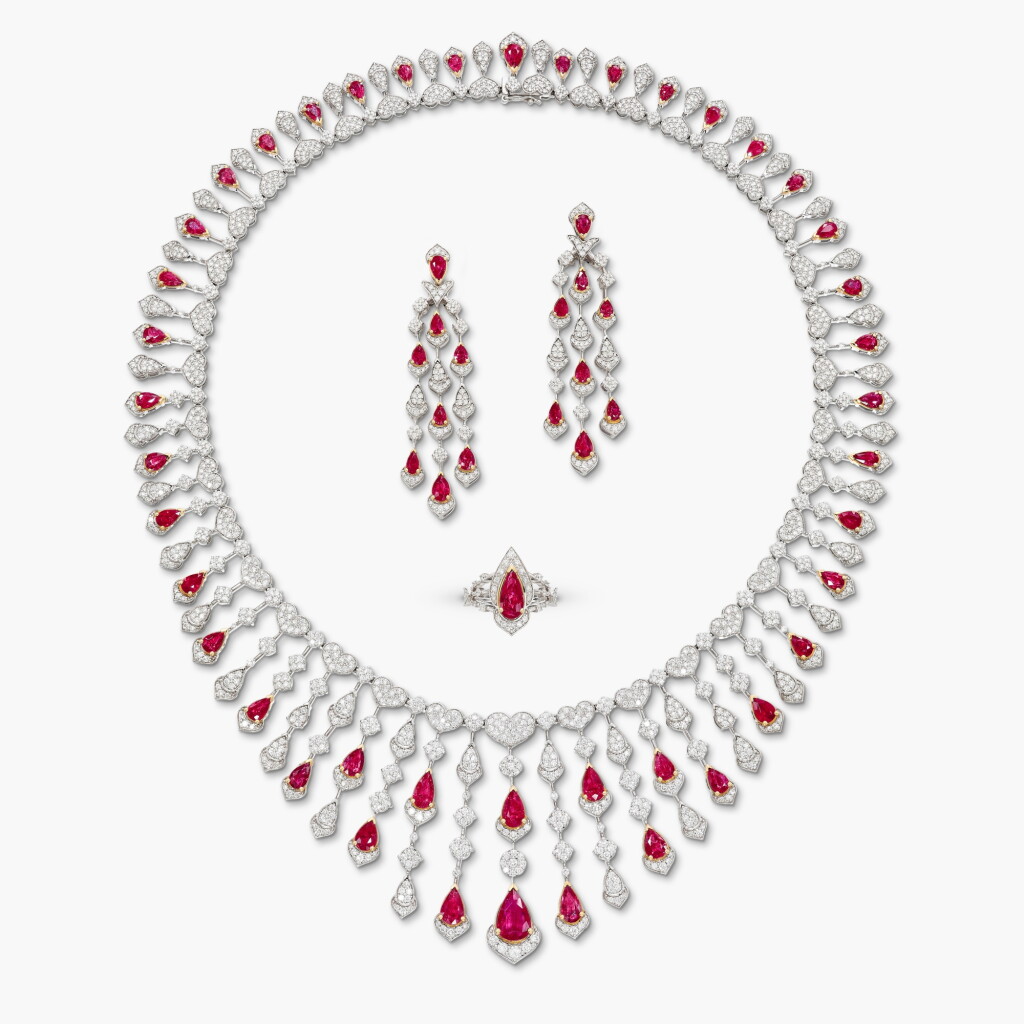 View full screen - View 1 of Lot 1230. Ruby and Diamond Demi-Parure | 紅寶石 配 鑽石 項鏈 配 耳環 及 戒指 套裝.