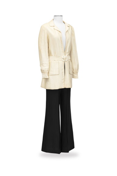View full screen - View 1 of Lot 129. Roberto Capucci, Haute Couture, circa 1970, Crepe and satin jacket with belt and pants | Veste ceinturée, pantalon assorti.