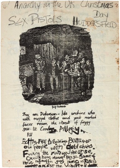 View full screen - View 1 of Lot 52. Malcolm McLaren | Double sided handbill for Anarchy in the UK, Huddersfield, 25 December 1977.