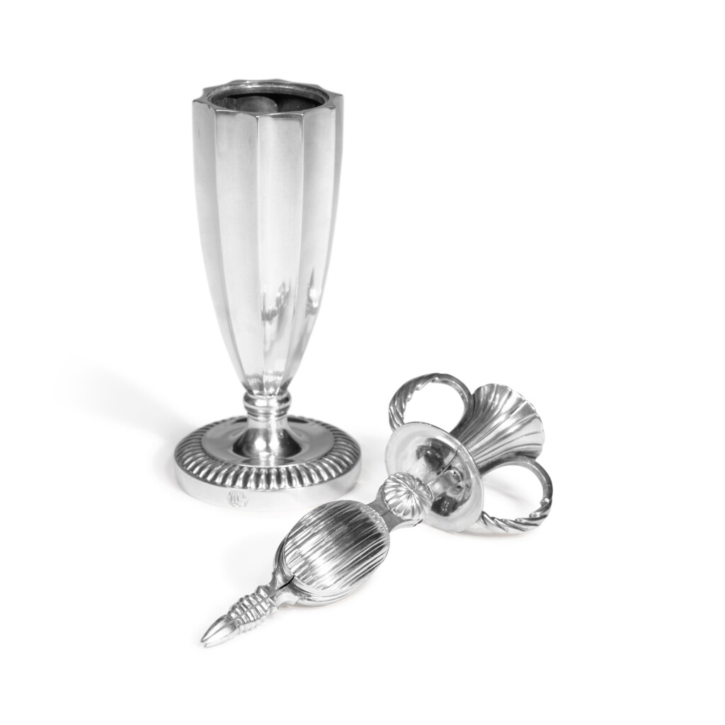 View full screen - View 1 of Lot 9. A Spanish Silver Vase-Form Snuffers and Stand, Real Fabrica de Plateria, Madrid, 1843.