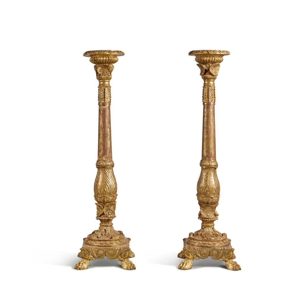 View full screen - View 1 of Lot 214. A Pair of Continental Neoclassical Giltwood and Gilt Metal Mounted Torcheres, First Quarter 19th Century.