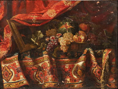 View full screen - View 1 of Lot 18. Still life with figs and a mirror on a carpet | Nature morte aux figues et au miroir sur un tapis .