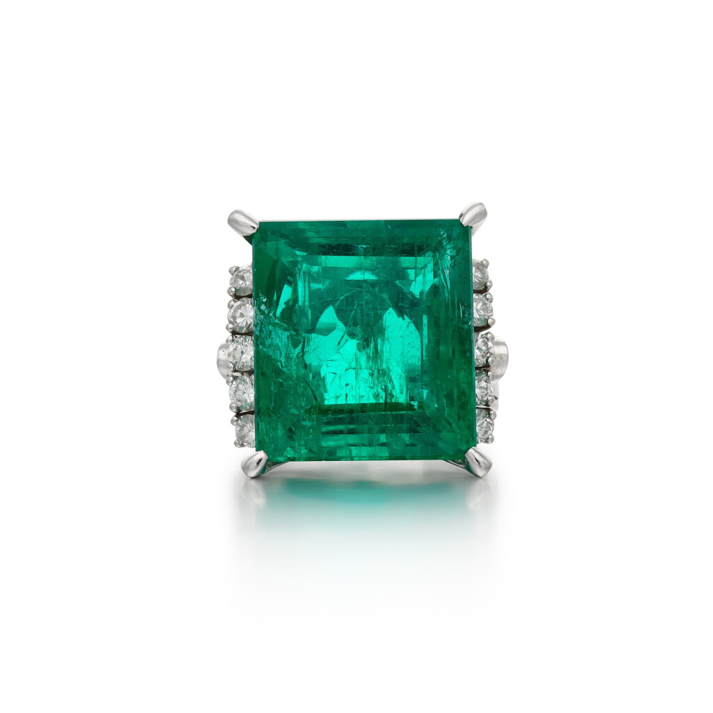 View full screen - View 1 of Lot 385. Emerald and diamond ring.