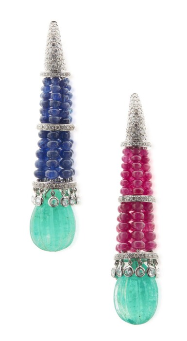 View full screen - View 1 of Lot 120. MICHELE DELLA VALLE | PAIR OF EMERALD, RUBY, SAPPHIRE AND DIAMOND EARCLIPS.