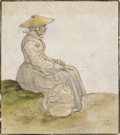 View full screen - View 1 of Lot 15. A woman, facing right, sitting on a bank by a road, her basket beside her.