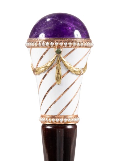View full screen - View 1 of Lot 1127. A Fabergé gold, guilloché enamel and amethyst cane handle, late 19th century.