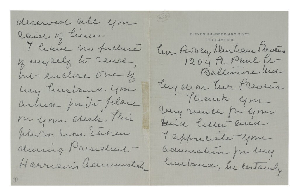 View full screen - View 1 of Lot 34. Harrison, Caroline Scott, and Mary Lord Harrison | Letters by both of President Benjamin Harrison's wives.