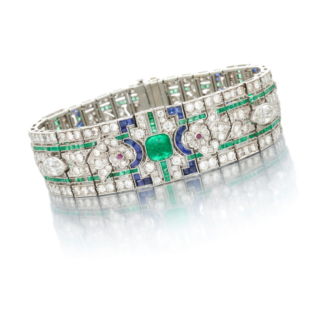 View full screen - View 1 of Lot 24. Emerald, ruby, sapphire and diamond bracelet (Bracciale in rubini, smeraldi, zaffiri e diamanti).