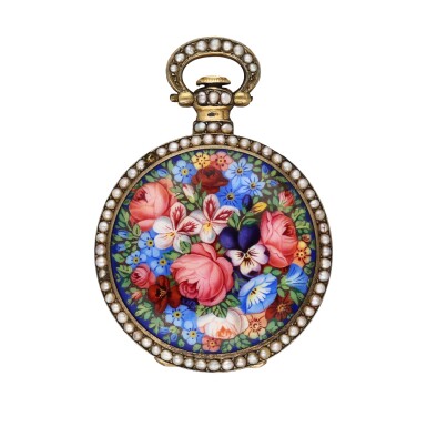 View full screen - View 1 of Lot 402. A silver gilt, enamel, and split pearls open-faced watch made for the Chinese market, Circa 1890.