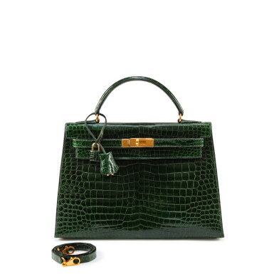 View full screen - View 1 of Lot 609. Vert Emeraude Shiny Porosus Crocodile Kelly 32 Sellier Gold Hardware, 1994.