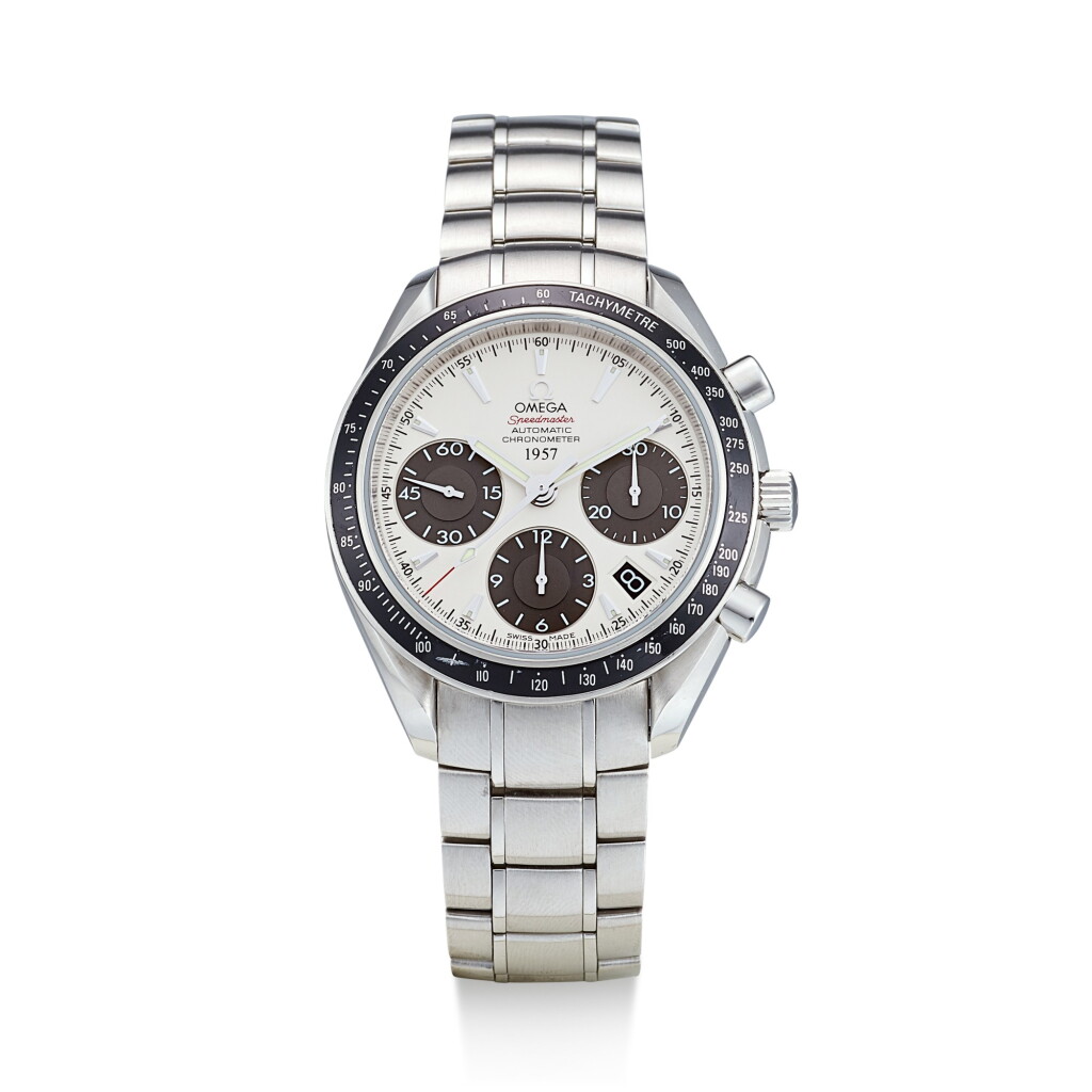 View full screen - View 1 of Lot 8261. OMEGA | SPEEDMASTER PANDA 1957, REFERENCE 323.30.40.40.02.001 A LIMITED EDITION STAINLESS STEEL CHRONOGRAPH WRISTWATCH WITH DATE AND BRACELET, MADE FOR THE JAPANESE MARKET, CIRCA 2015.