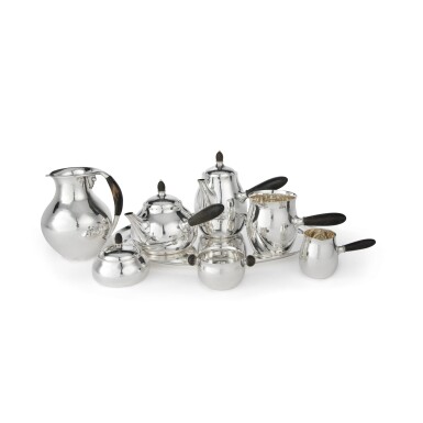 View full screen - View 1 of Lot 9. A Danish silver six-piece tea and coffee set, No. 80, with tray, No. 223K, Georg Jensen Silversmithy, Copenhagen, 20th century.