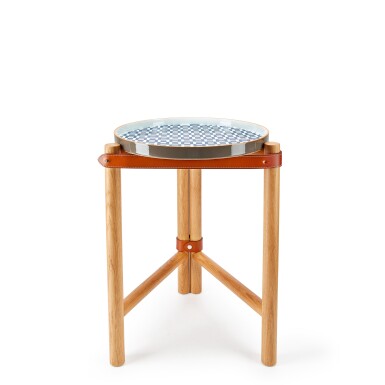 View full screen - View 1 of Lot 6160. Oak, Bleu and White Porcelain and Leather Les Trotteuses d'Hermes Small Occasional Table.
