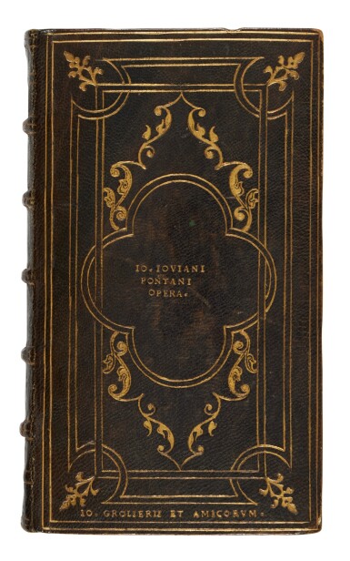 View full screen - View 1 of Lot 1346. Pontano, Opera, Venice, Aldo Manuzio & Andrea Torresano, 1513, Parisian olive morocco by Jean Picard for Jean Grolier, ca. 1540.