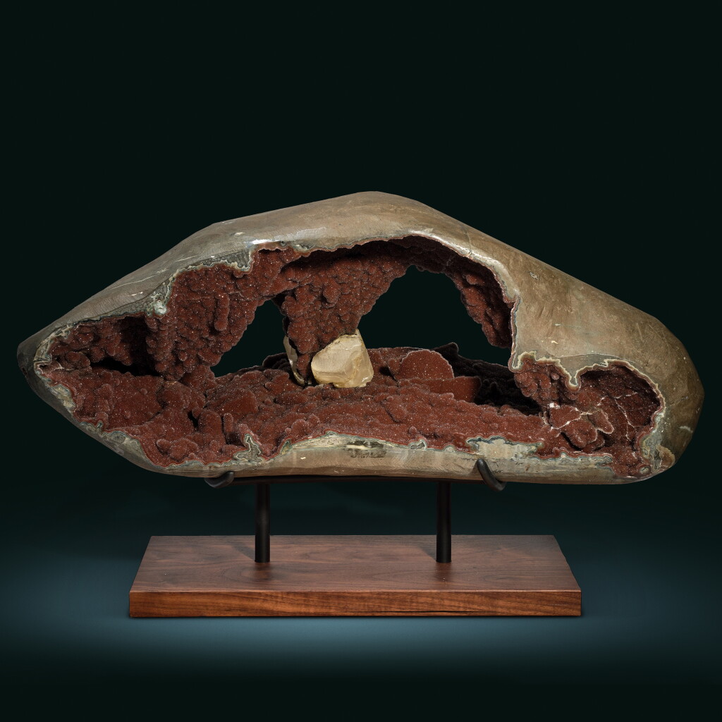 View full screen - View 1 of Lot 42. Calcite Crystal on Fine Quartz Druze over Red Jasper over Calcite.