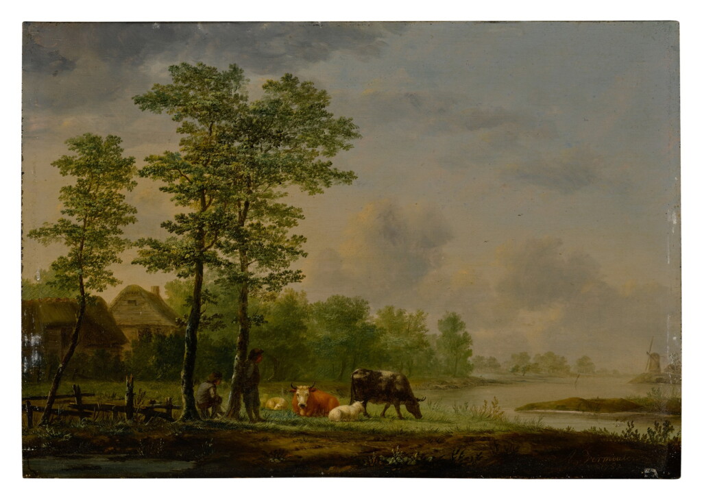 View full screen - View 1 of Lot 86. Landscape with farmers, cattle and sheep before a river.