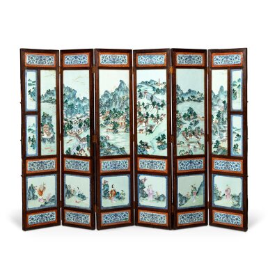View full screen - View 1 of Lot 309. A six-panel famille-rose and doucai porcelain-inlaid screen, Qing dynasty, late 18th / early 19th century | 清十八世紀末 / 十九世紀初 粉彩及鬥彩山水人物花卉圖瓷板六扇屏.
