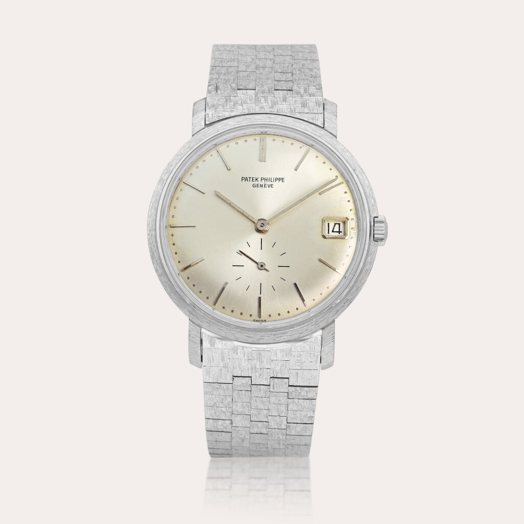 View full screen - View 1 of Lot 2339. Reference 3445 | A white gold bracelet watch with date, Made in 1970 | 百達翡麗 | 型號3445 | 白金鏈帶腕錶,備日期顯示,1970年製 .