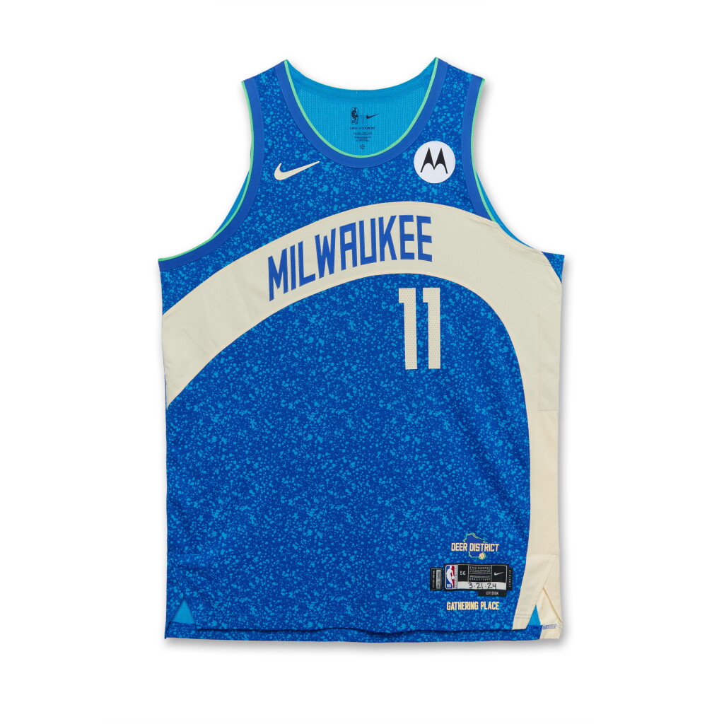 View full screen - View 1 of Lot 89. Brook Lopez Milwaukee Bucks 2023-2024 Game Worn City Edition Jersey .