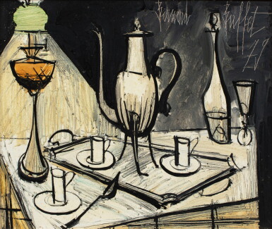 View full screen - View 1 of Lot 138. Nature morte au service à café et à la lampe à pétrole.