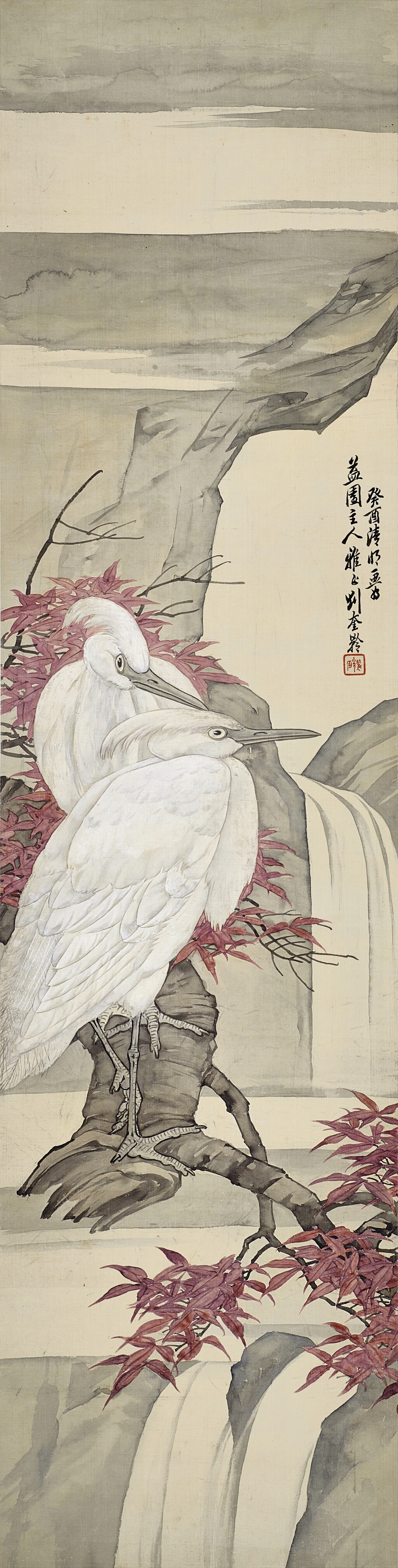 View full screen - View 1 of Lot 3168. 劉奎齡 紅葉雙鷺 | Liu Kuiling, Egrets by the Waterfall.