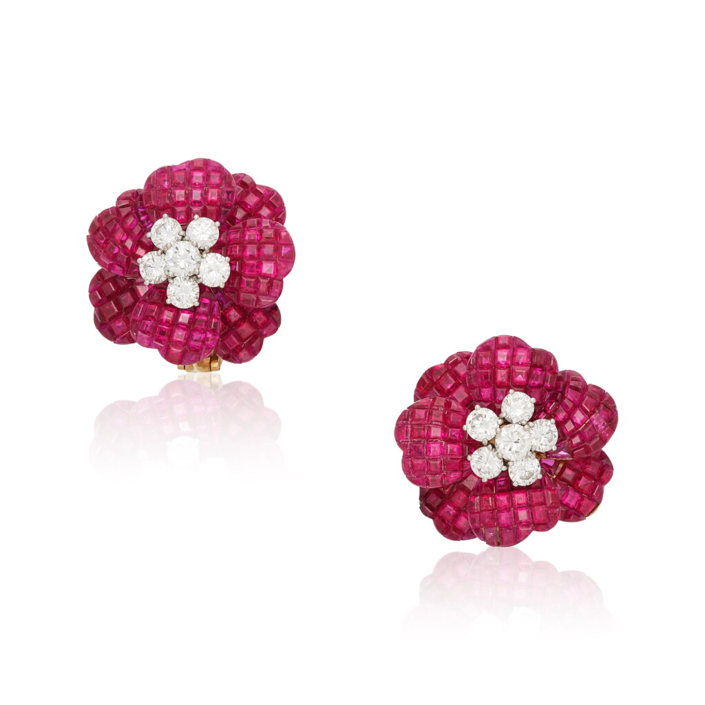 View full screen - View 1 of Lot 502. Pair of Invisibly-Set Ruby and Diamond Earclips .
