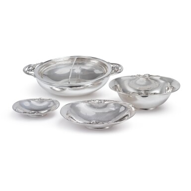 View full screen - View 1 of Lot 947. A GROUP OF FOUR DANISH SILVER BLOSSOM PATTERN BOWLS, GEORG JENSEN SILVERSMITHY, COPENHAGEN, 20TH CENTURY.