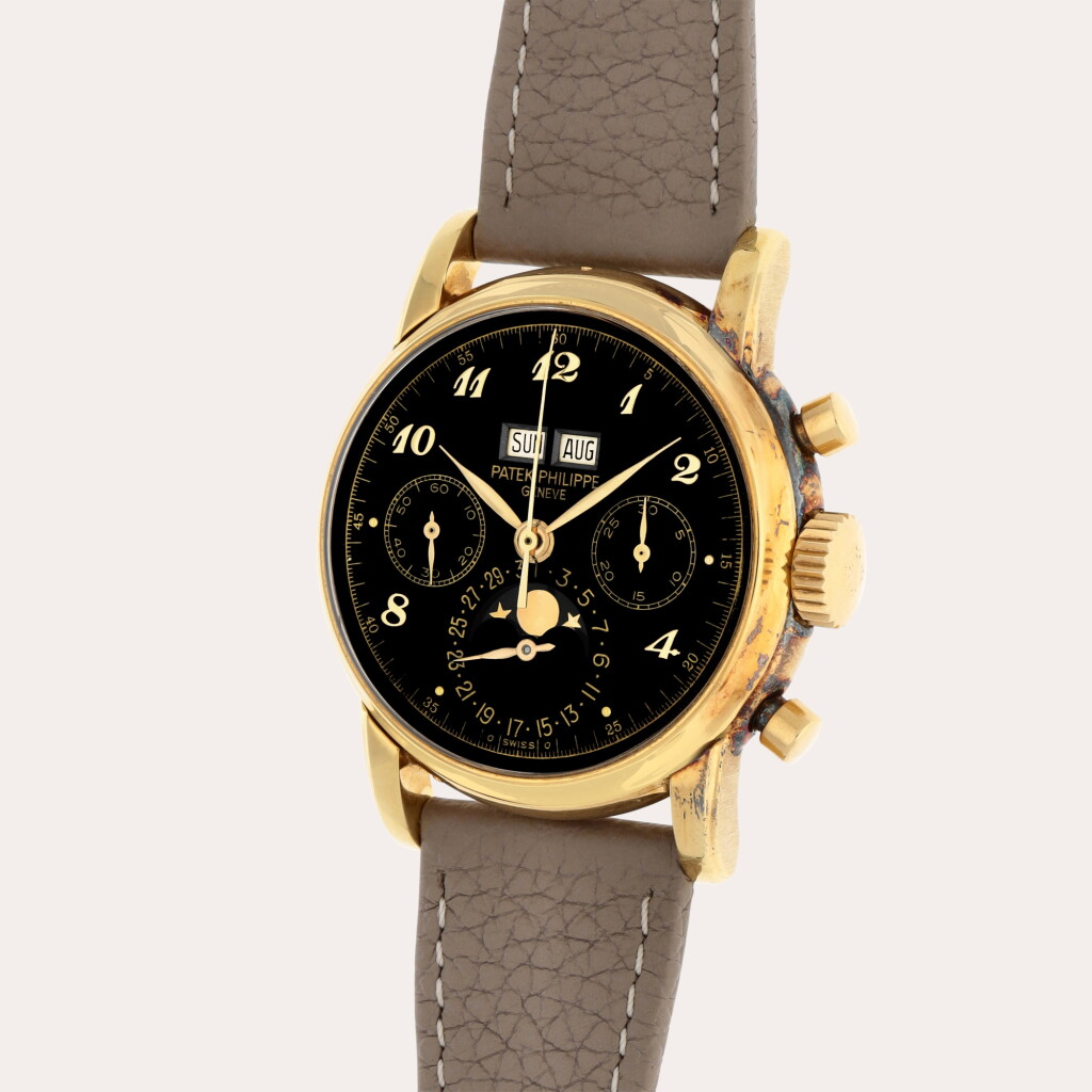 View full screen - View 1 of Lot 22. 'Third Series', Reference 2499 | A yellow gold perpetual calendar chronograph wristwatch with moon phases and black lacquer dial with Breguet numerals | Made in 1954.