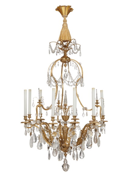 View full screen - View 1 of Lot 74. A Louis XV Style Gilt Bronze, Gilt Metal, and Rock Crystal Nine-Light Chandelier, Late 19th Century.