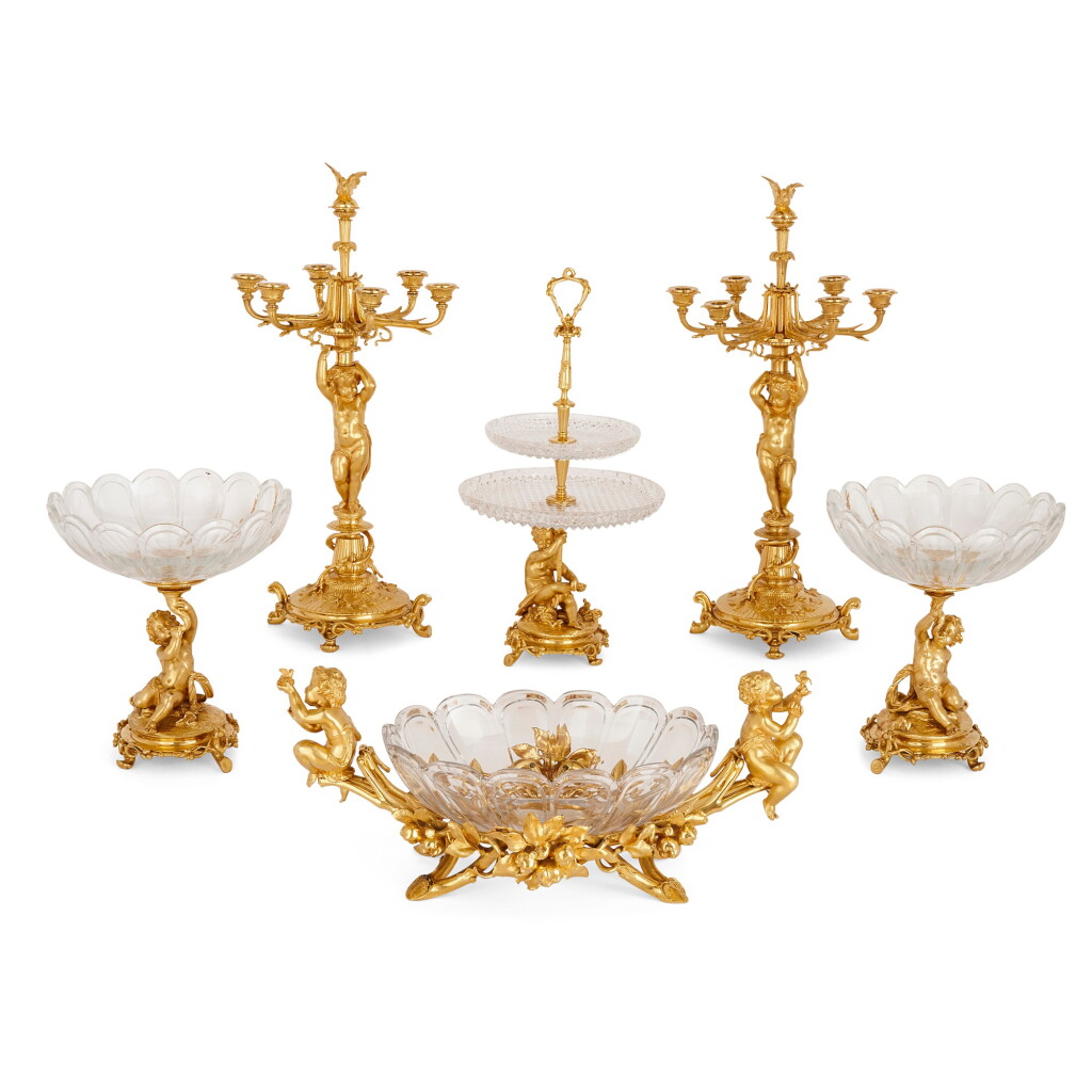 View full screen - View 1 of Lot 75. A FRENCH GILT-BRONZE AND CUT-GLASS SIX-PIECE GARNITURE, BY CHRISTOFLE & CIE CIRCA 1880.
