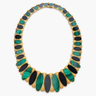 View full screen - View 1 of Lot 393. Gold, Malachite and Onyx Necklace.