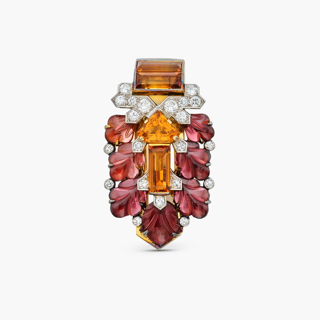 View full screen - View 1 of Lot 2. Citrine, Garnet and Diamond Clip-Brooch 卡地亞 | 黃水晶 配 石榴石 及 鑽石 胸針.
