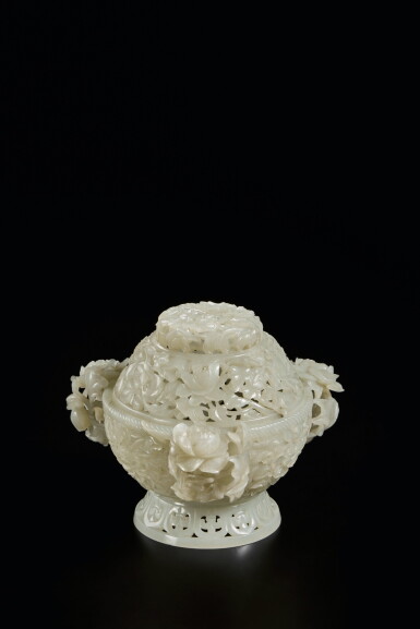 View full screen - View 1 of Lot 181. A white jade reticulated 'peony' censer and cover, Qing dynasty, Qianlong period.